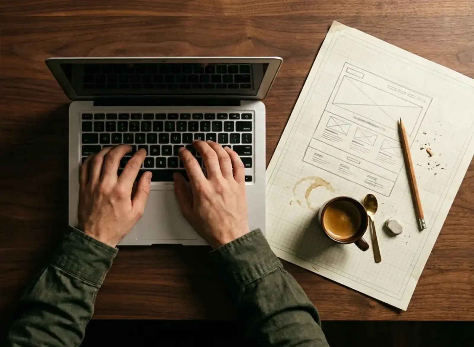 Arbeitsplatz von oben: Hände auf der Tastatur, daneben der Bauplan der Seite auf Papier