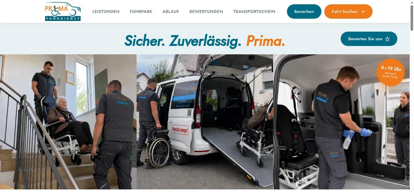 Startseite von Prima Fahrdienst mit Buchungsknopf und Bildreihe