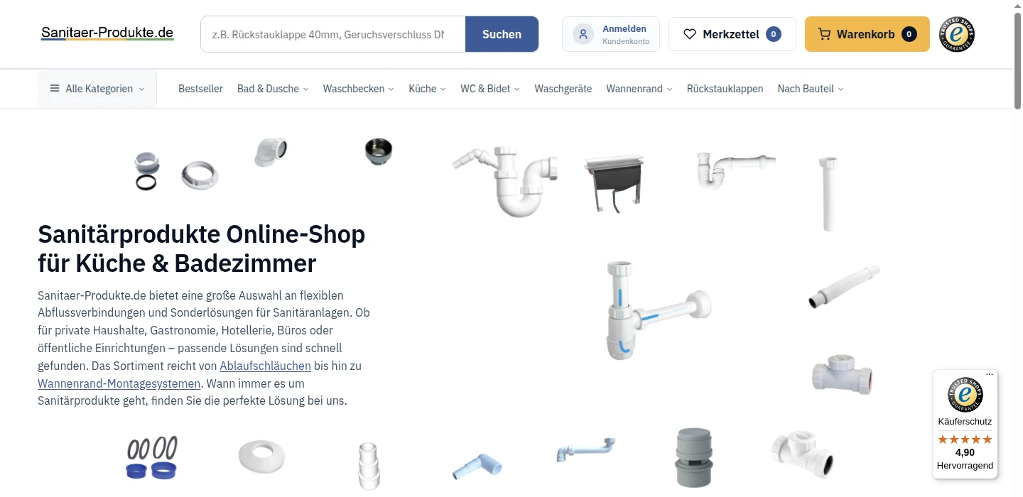 Startseite des Onlineshops Sanitär-Produkte mit Suche und Sortiment